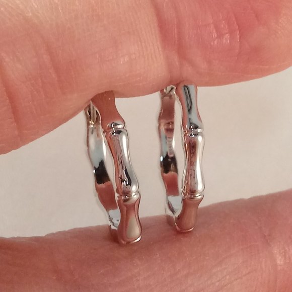 925 Silver Bamboo Bone Carved Shape Hoop Earrings 18mm Women's Party Gift - Picture 4 of 4